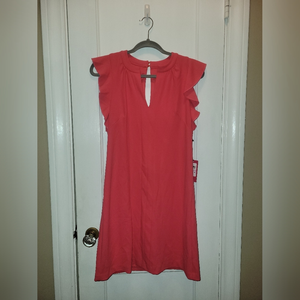 Vince Camuto Vibrant Coral Dress with Ruffle Sleeves Size 6 NWT - Picture 2 of 9